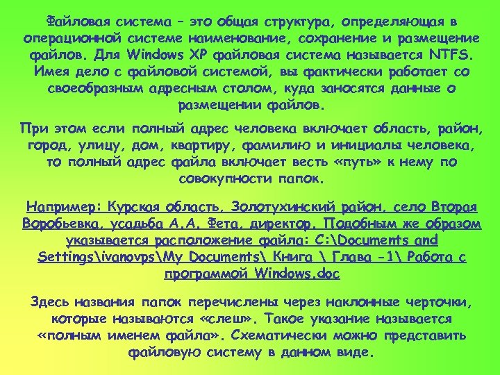 Файловая система – это общая структура, определяющая в операционной системе наименование, сохранение и размещение