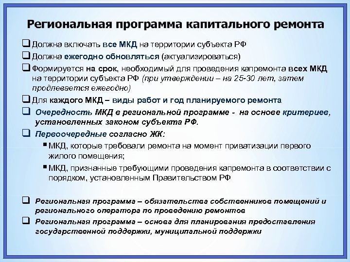  Должна включать все МКД на территории субъекта РФ Должна ежегодно обновляться (актуализироваться) Формируется