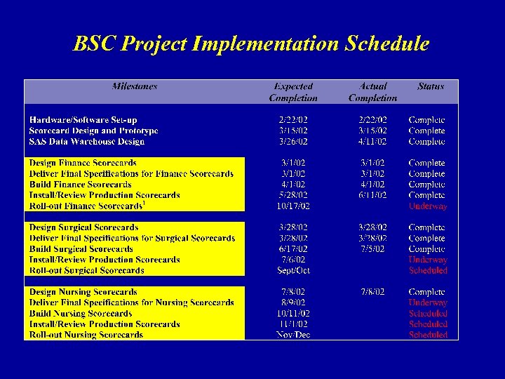 BSC Project Implementation Schedule 