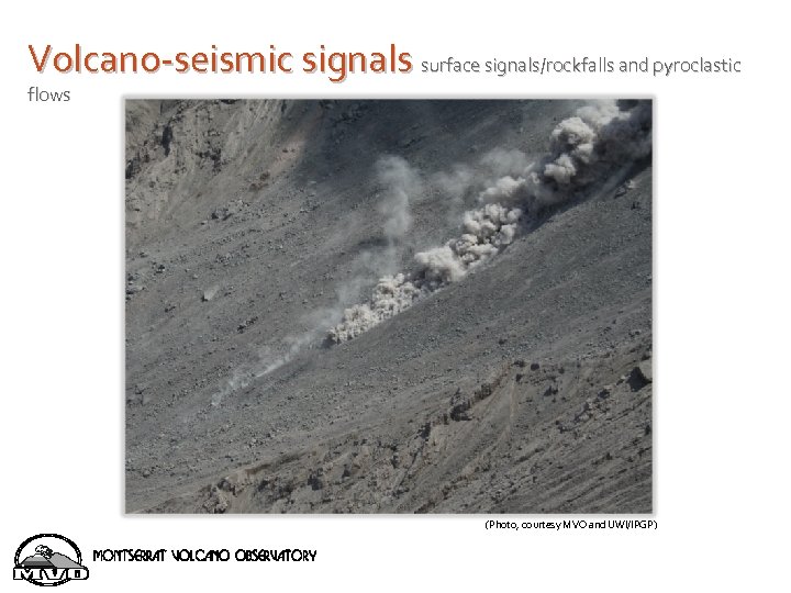 Volcano-seismic signals surface signals/rockfalls and pyroclastic flows (Photo, courtesy MVO and UWI/IPGP) 