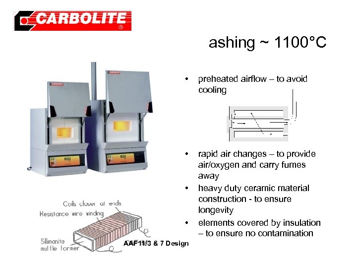 ashing ~ 1100°C • preheated airflow – to avoid cooling • rapid air changes