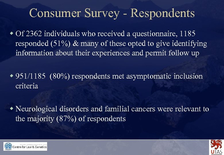 Consumer Survey - Respondents w Of 2362 individuals who received a questionnaire, 1185 responded