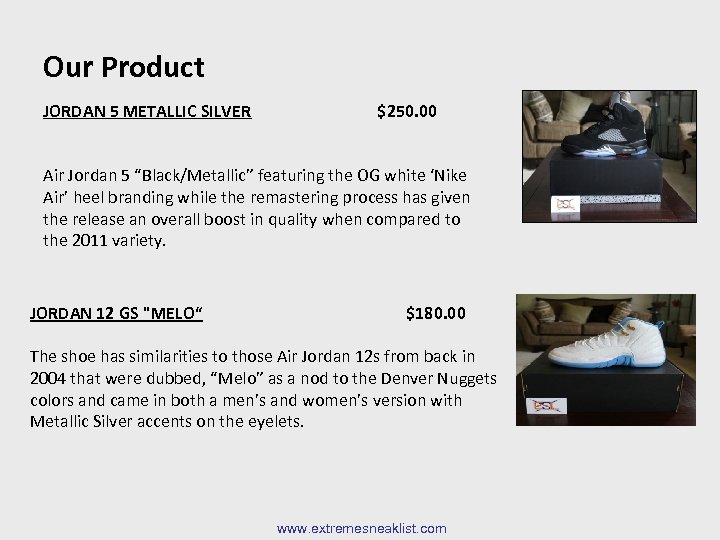 Our Product JORDAN 5 METALLIC SILVER $250. 00 Air Jordan 5 “Black/Metallic” featuring the