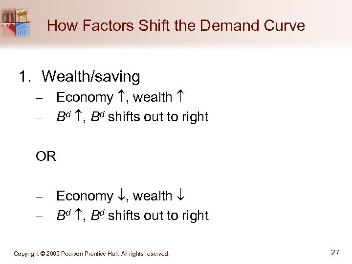 How Factors Shift the Demand Curve 1. Wealth/saving – Economy , wealth – Bd