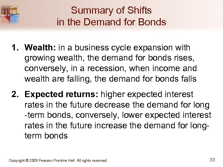 Summary of Shifts in the Demand for Bonds 1. Wealth: in a business cycle