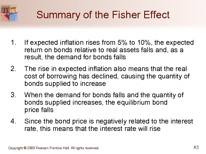 Summary of the Fisher Effect 1. If expected inflation rises from 5% to 10%,