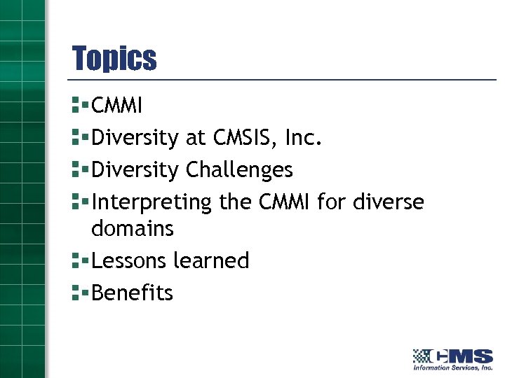 Topics CMMI Diversity at CMSIS, Inc. Diversity Challenges Interpreting the CMMI for diverse domains