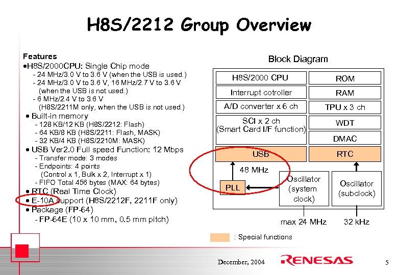 H 8 S/2212 Group Overview Features H 8 S/2000 CPU: Single Chip mode -