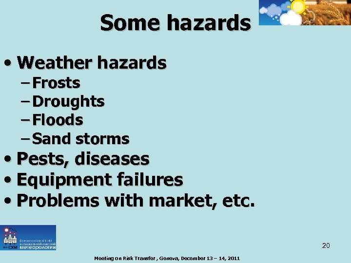 Some hazards • Weather hazards – Frosts – Droughts – Floods – Sand storms
