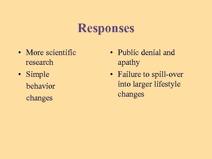 Responses • More scientific research • Simple behavior changes • Public denial and apathy