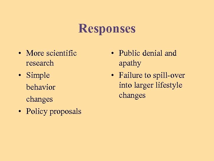 Responses • More scientific research • Simple behavior changes • Policy proposals • Public