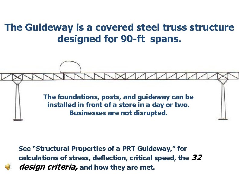 The Guideway is a covered steel truss structure designed for 90 -ft spans. The