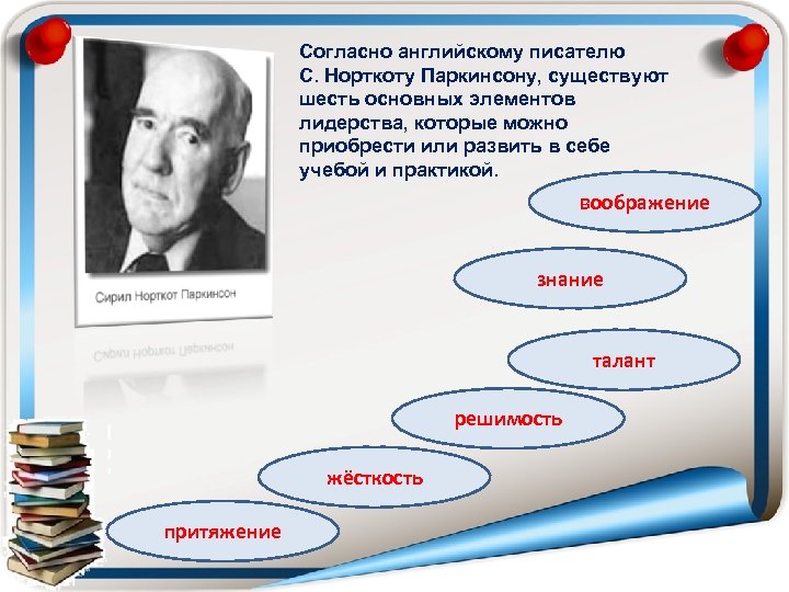 Согласно английскому писателю С. Норткоту Паркинсону, существуют шесть основных элементов лидерства, которые можно приобрести