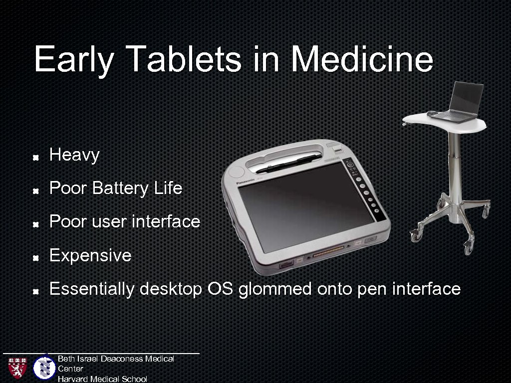 Early Tablets in Medicine Heavy Poor Battery Life Poor user interface Expensive Essentially desktop