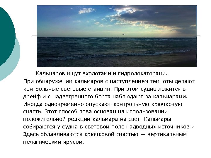 Кальмаров ищут эхолотами и гидролокаторами. При обнаружении кальмаров с наступлением темноты делают контрольные световые