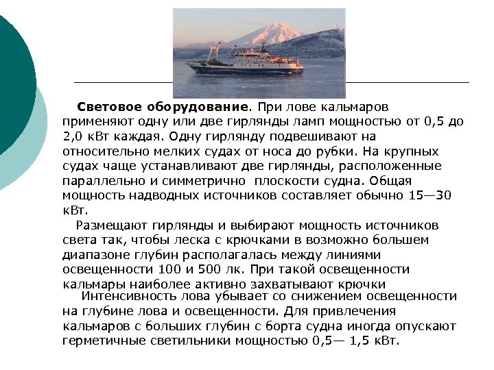 Световое оборудование. При лове кальмаров применяют одну или две гирлянды ламп мощностью от 0,