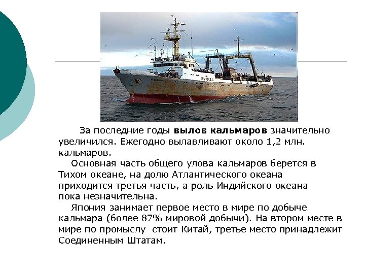 За последние годы вылов кальмаров значительно увеличился. Ежегодно вылавливают около 1, 2 млн. кальмаров.