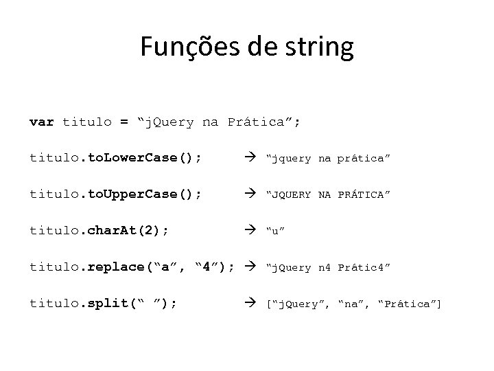 Funções de string var titulo = “j. Query na Prática”; titulo. to. Lower. Case();