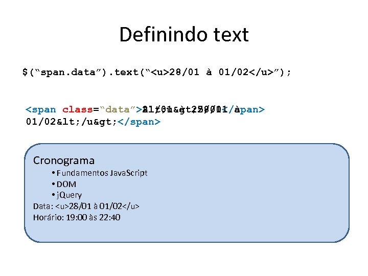 Definindo text $(“span. data”). text(“<u>28/01 à 01/02</u>”); <span class=“data”>21/01 à 25/01</span> class=“data”>< u> 28/01