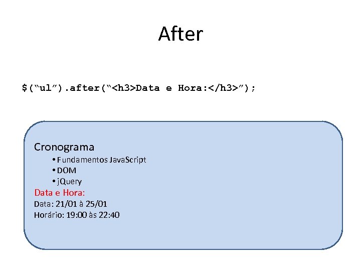 After $(“ul”). after(“<h 3>Data e Hora: </h 3>”); Cronograma • Fundamentos Java. Script •