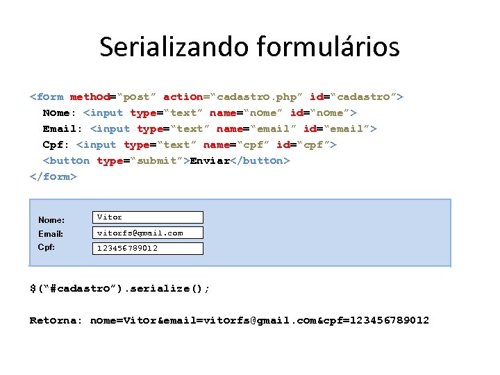 Serializando formulários <form method=“post” action=“cadastro. php” id=“cadastro”> Nome: <input type=“text” name=“nome” id=“nome”> Email: <input
