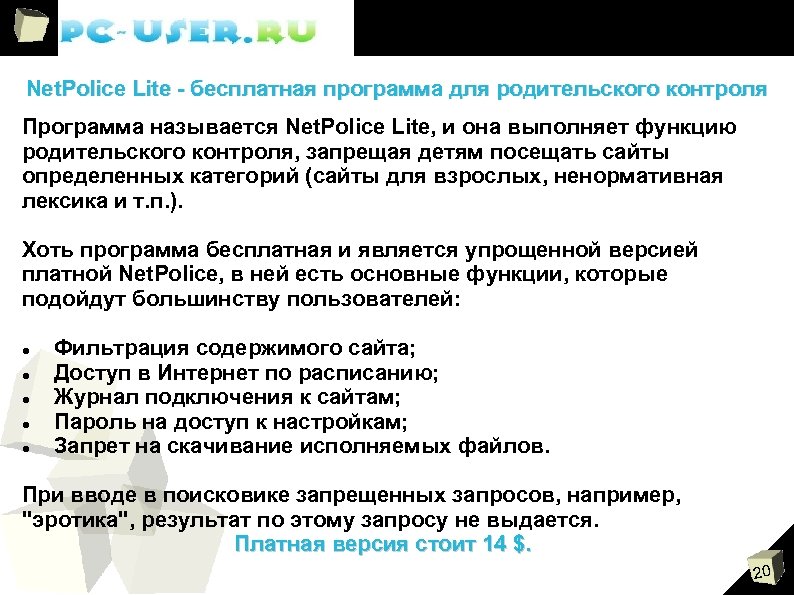 Net. Police Lite - бесплатная программа для родительского контроля Программа называется Net. Police Lite,