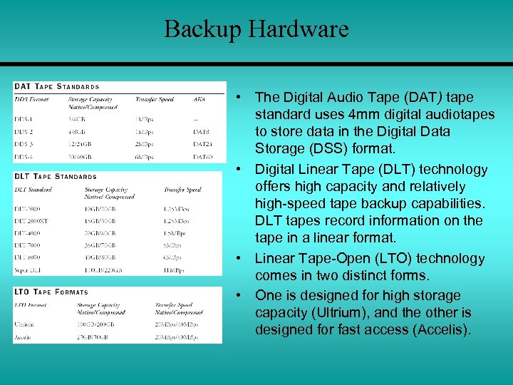 Backup Hardware • The Digital Audio Tape (DAT) tape standard uses 4 mm digital
