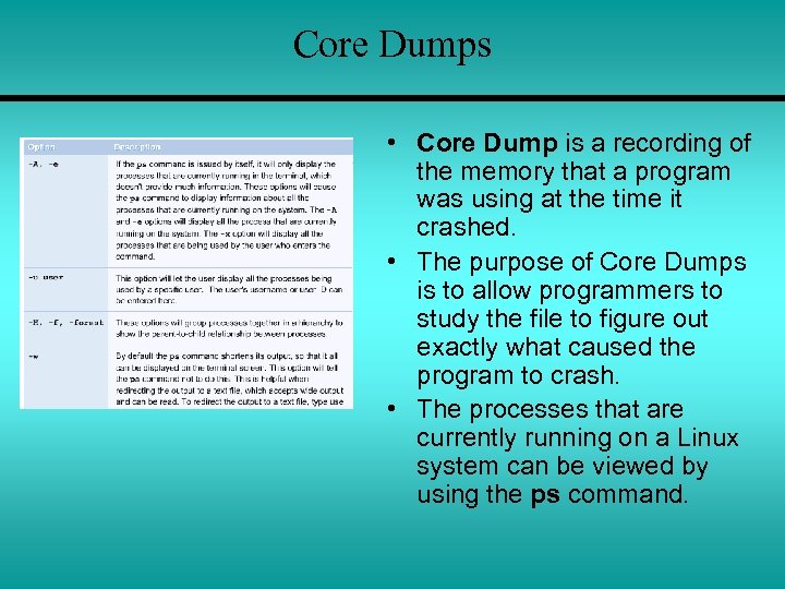 Core Dumps • Core Dump is a recording of the memory that a program
