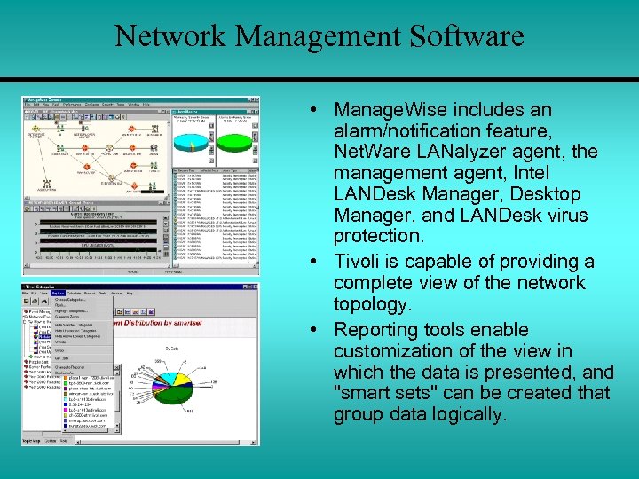 Network Management Software • Manage. Wise includes an alarm/notification feature, Net. Ware LANalyzer agent,