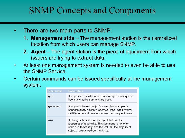 SNMP Concepts and Components • • • There are two main parts to SNMP: