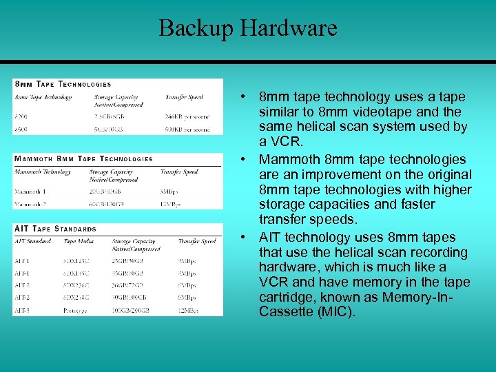 Backup Hardware • 8 mm tape technology uses a tape similar to 8 mm