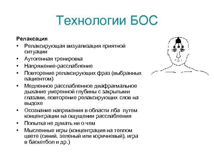 Технологии БОС Релаксация • Релаксирующая визуализация приятной ситуации • Аутогенная тренировка • Напряжение-расслабление •