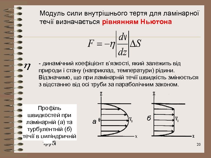 Модуль сили внутрішнього тертя для ламінарної течії визначається рівнянням Ньютона - динамічний коефіцієнт в’язкості,