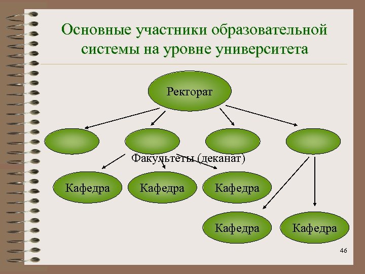Основные участники образовательной системы на уровне университета Ректорат Факультеты (деканат) Кафедра Кафедра 46 