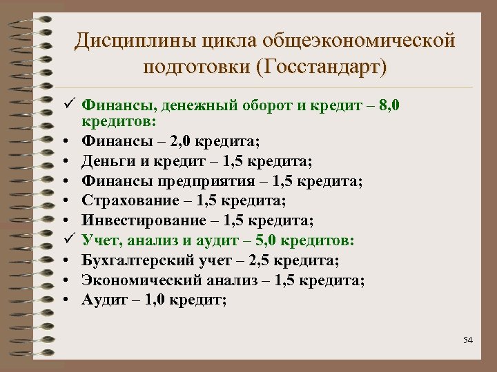 Дисциплины цикла общеэкономической подготовки (Госстандарт) ü Финансы, денежный оборот и кредит – 8, 0