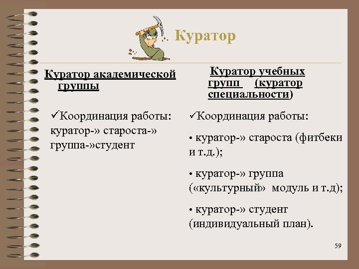Куратор академической группы üКоординация работы: куратор-» староста-» группа-» студент Куратор учебных групп (куратор специальности)