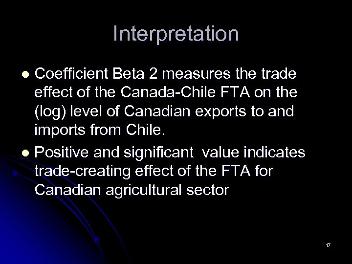 Interpretation Coefficient Beta 2 measures the trade effect of the Canada-Chile FTA on the