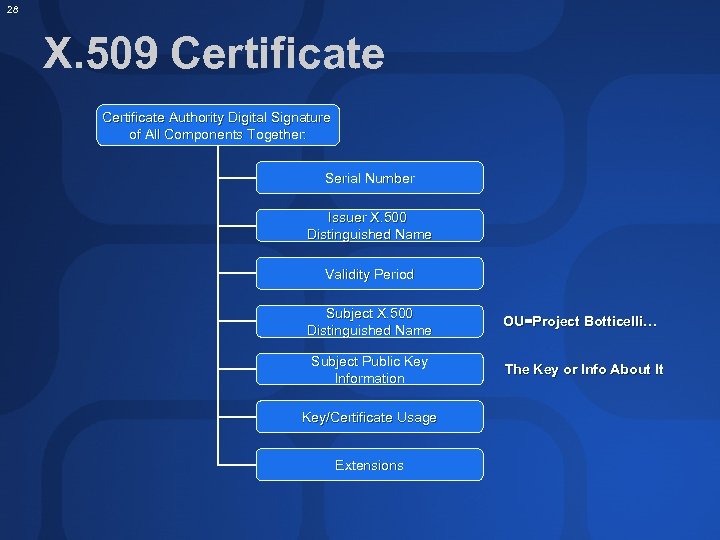 28 X. 509 Certificate Authority Digital Signature of All Components Together: Serial Number Issuer