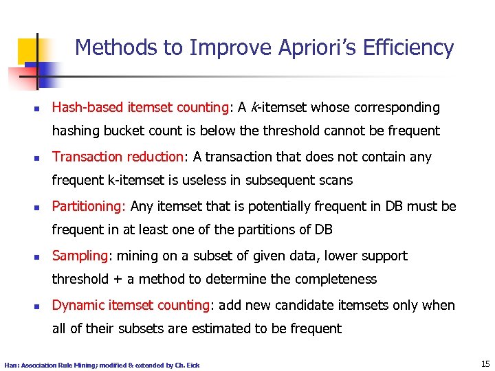 Methods to Improve Apriori’s Efficiency n Hash-based itemset counting: A k-itemset whose corresponding hashing
