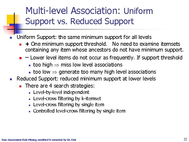 Multi-level Association: Uniform Support vs. Reduced Support n Uniform Support: the same minimum support