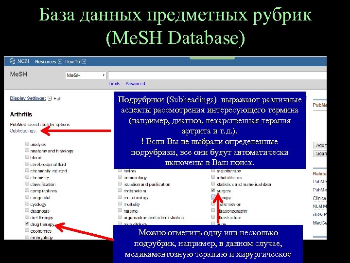 База данных предметных рубрик (Me. SH Database) Подрубрики (Subheadings) выражают различные аспекты рассмотрения интересующего