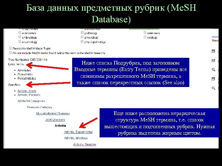 База данных предметных рубрик (Me. SH Database) Ниже списка Подрубрик, под заголовком Входные термины