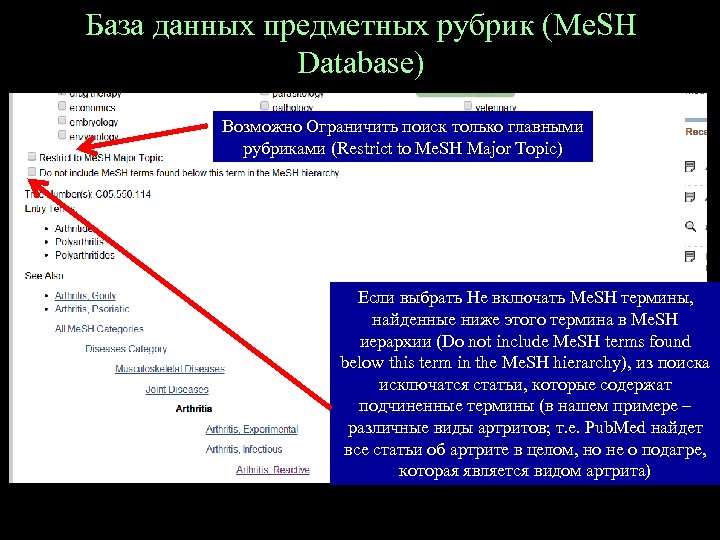 База данных предметных рубрик (Me. SH Database) Возможно Ограничить поиск только главными рубриками (Restrict
