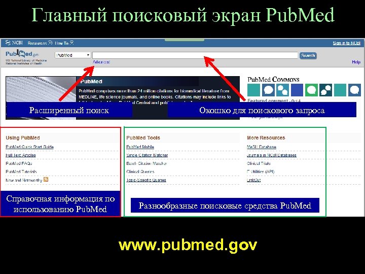 Главный поисковый экран Pub. Med Расширенный поиск Справочная информация по использованию Pub. Med Окошко