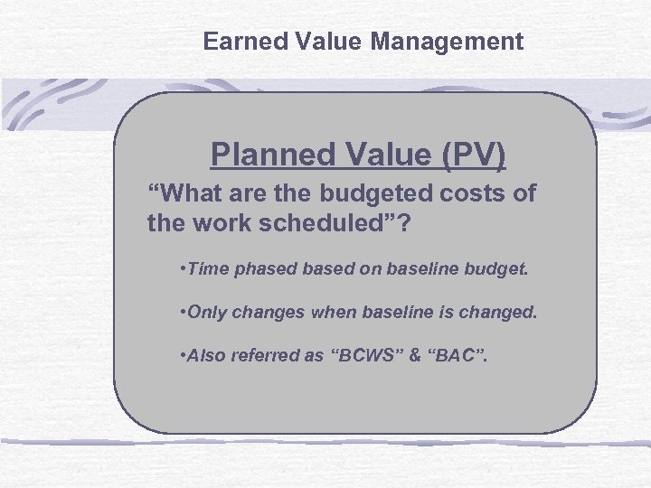 Earned Value Management Planned Value (PV) “What are the budgeted costs of the work