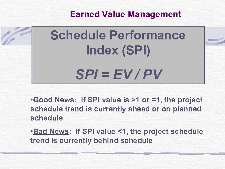 Earned Value Management Schedule Performance Index (SPI) SPI = EV / PV • Good