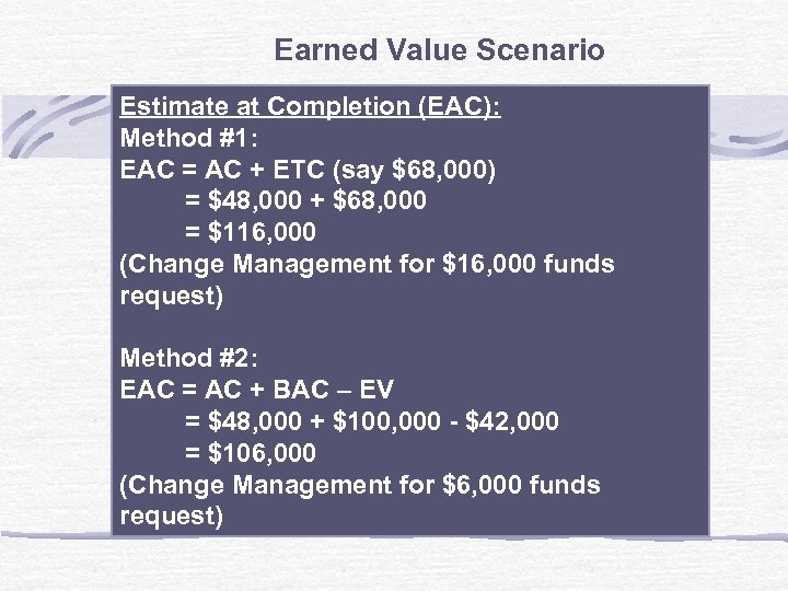 Earned Value Scenario Estimate at Completion (EAC): Method #1: EAC = AC + ETC