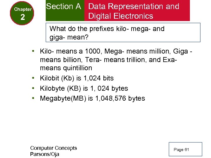 Chapter 2 Section A Data Representation and Digital Electronics What do the prefixes kilo-