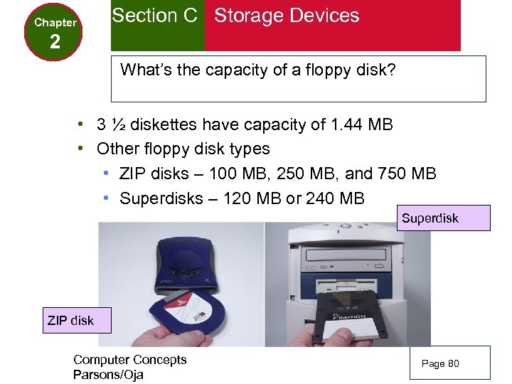 Section C Storage Devices Chapter 2 What’s the capacity of a floppy disk? •