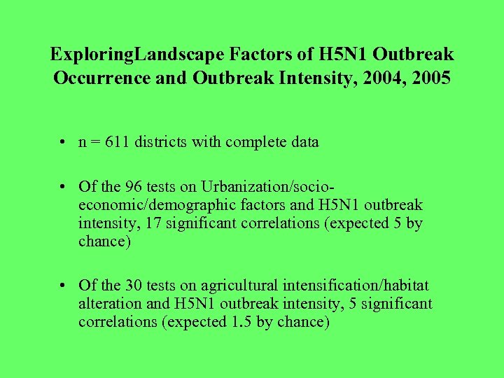 Exploring. Landscape Factors of H 5 N 1 Outbreak Occurrence and Outbreak Intensity, 2004,